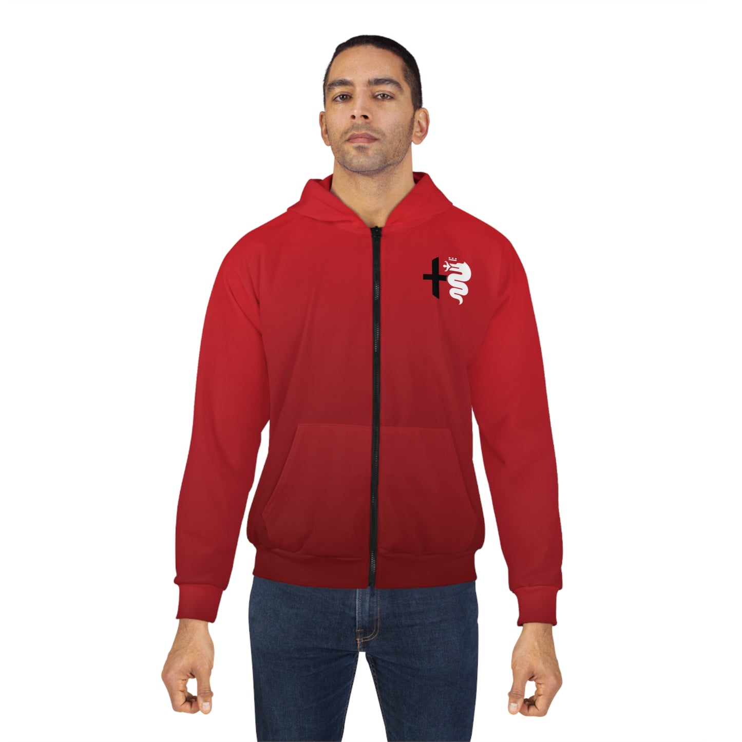 Alfa Romeo Rosso Etna Red Zip Hoodie - Biscione Snake & Cross Boldness - Made in the USA - AI Print Spot