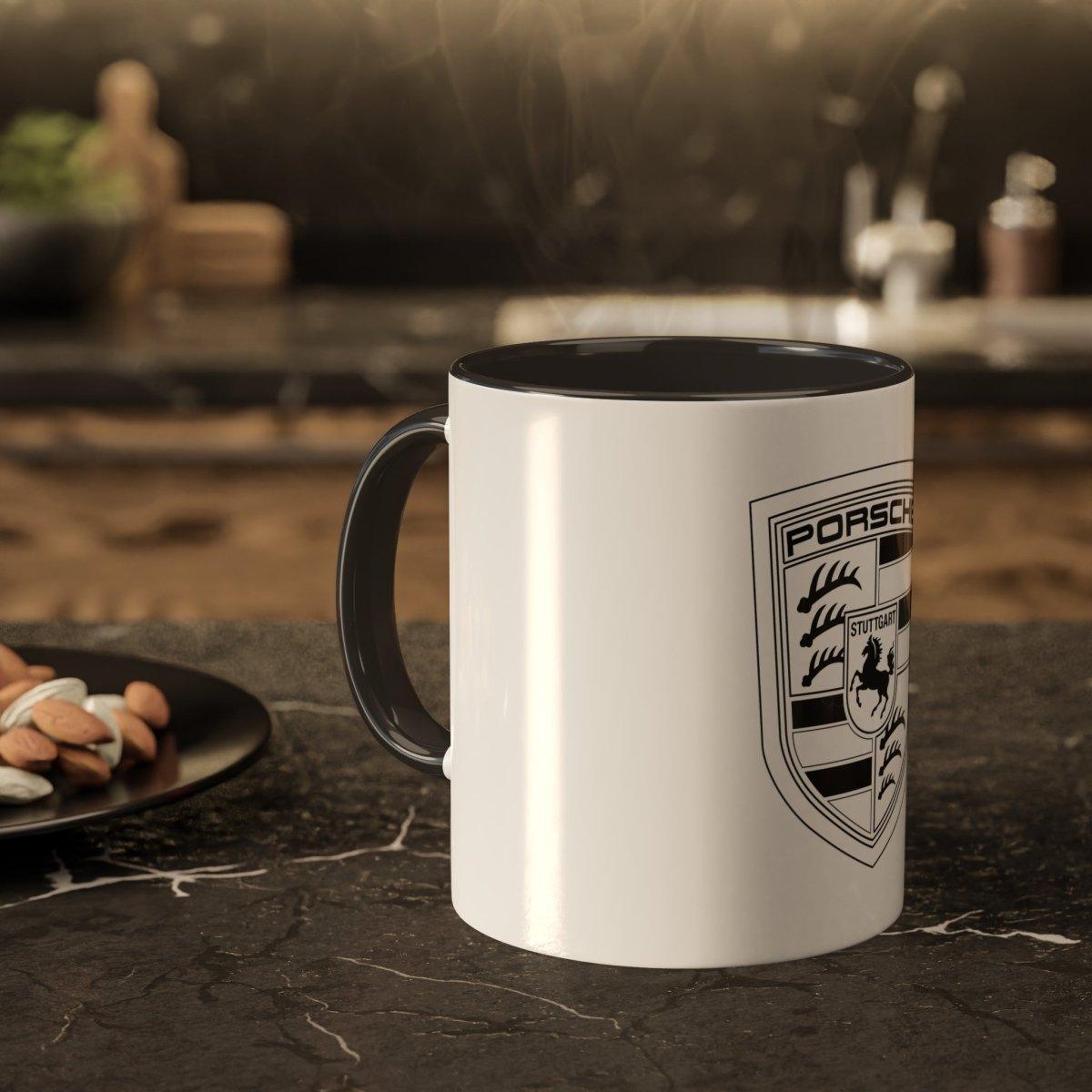 Porsche Crest Dual-Style Color or Black and White Elegance 11oz Coffee Mug - Custom Printed - AI Print Spot