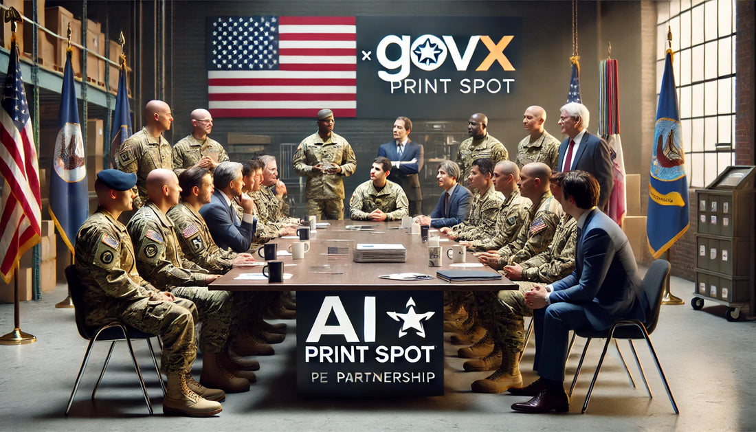 Group of military soldiers working around a conference room table displaying GOVX