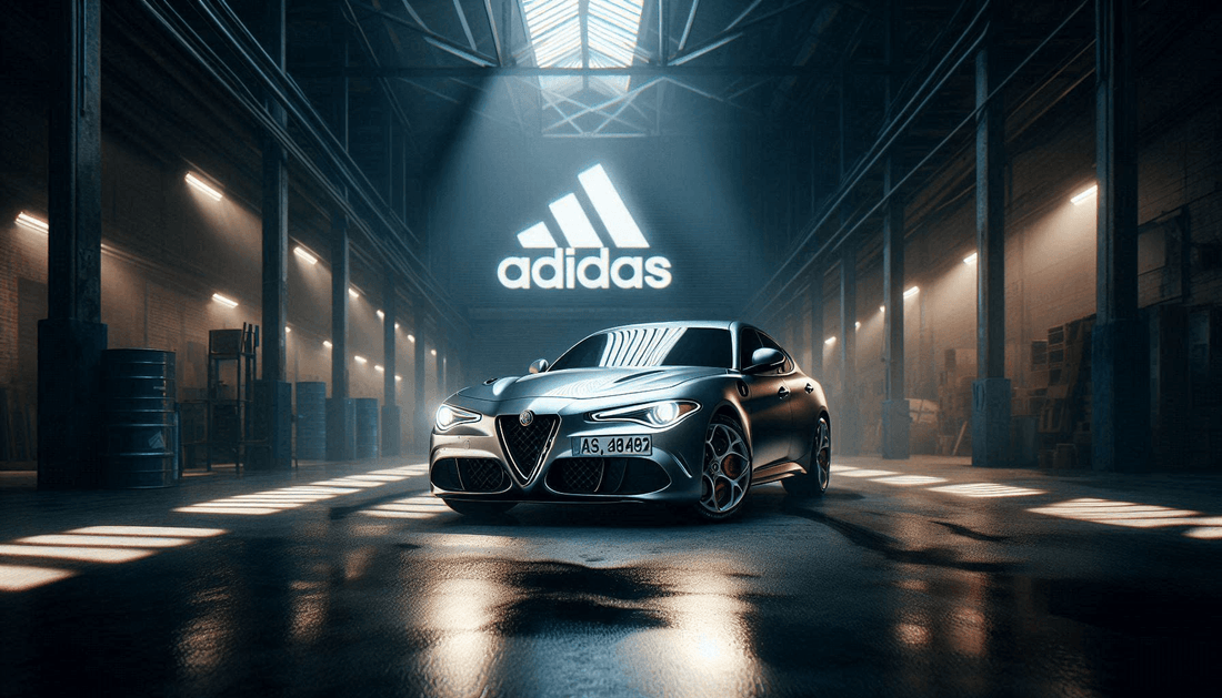 Alfa Romeo Giulia in a dark warehouse with an Adidas logo behind it, illuminated.