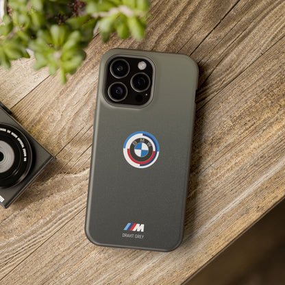 BMW G8X Dravit Grey With Gold Flecks iPhone MagSafe Tough Case - 50 Jahre Logo and M Piping