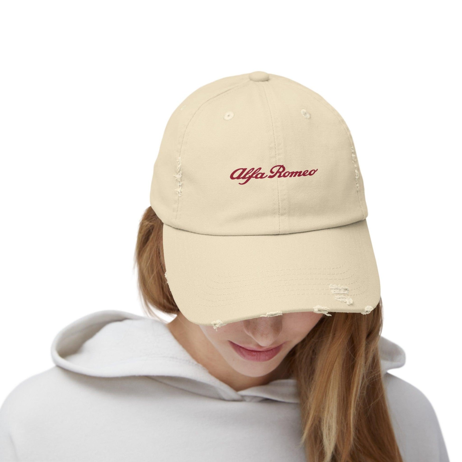 Alfa Romeo Script Logo Distressed Hat - Unisex 100% Cotton Twill - Adjustable Fit Cap - Stylish and Durable - Perfect for Car Enthusiasts - AI Print Spot