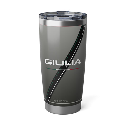 20oz Insulated Alfa Romeo Tumbler - Vesuvio Gray with Giulia and Biscione Snake & Cross Design -- Classic Alfa Romeo Script on Mug