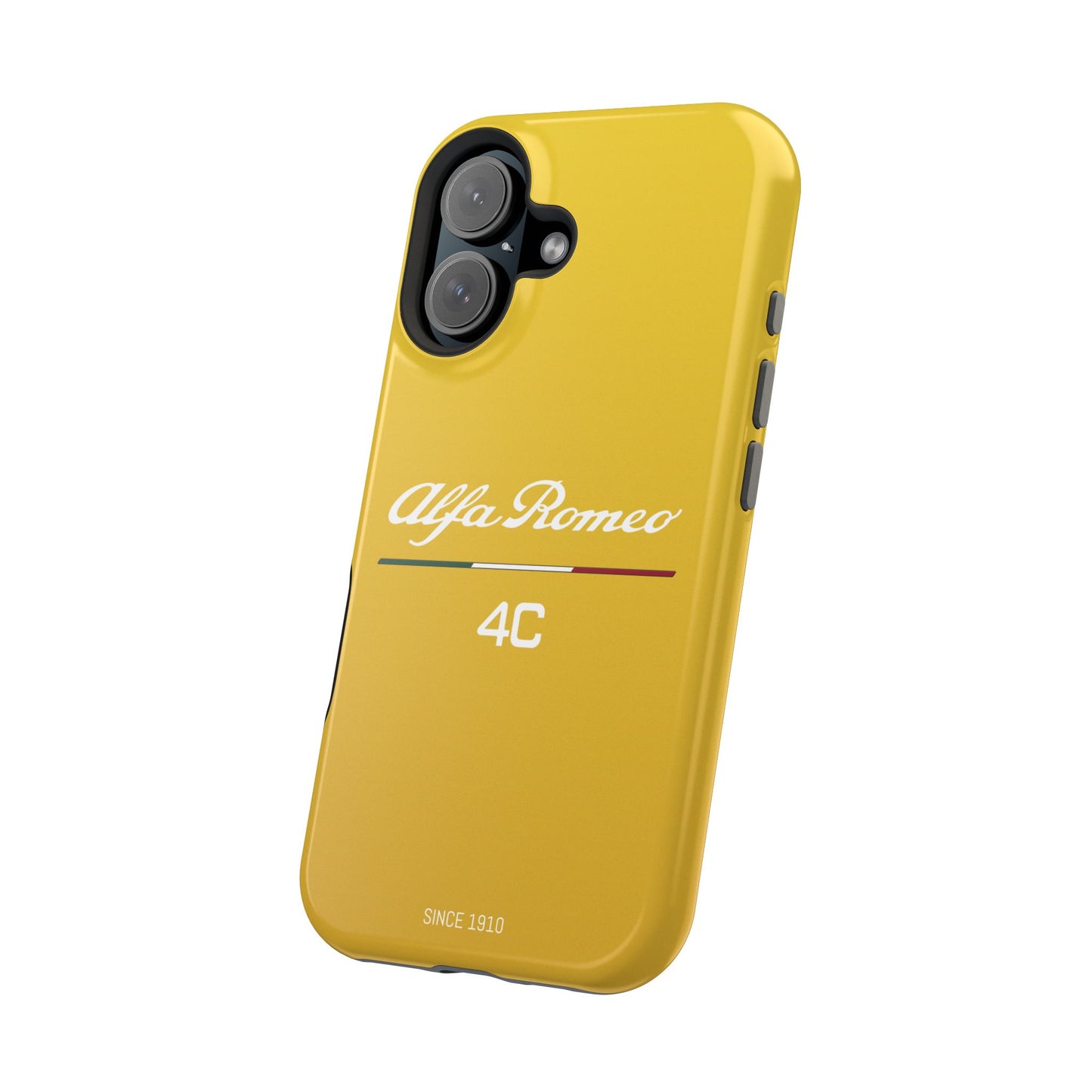 MagSafe® Dual Layer iPhone Case - Alfa Romeo 4C Design in White on Giallo Prototipo