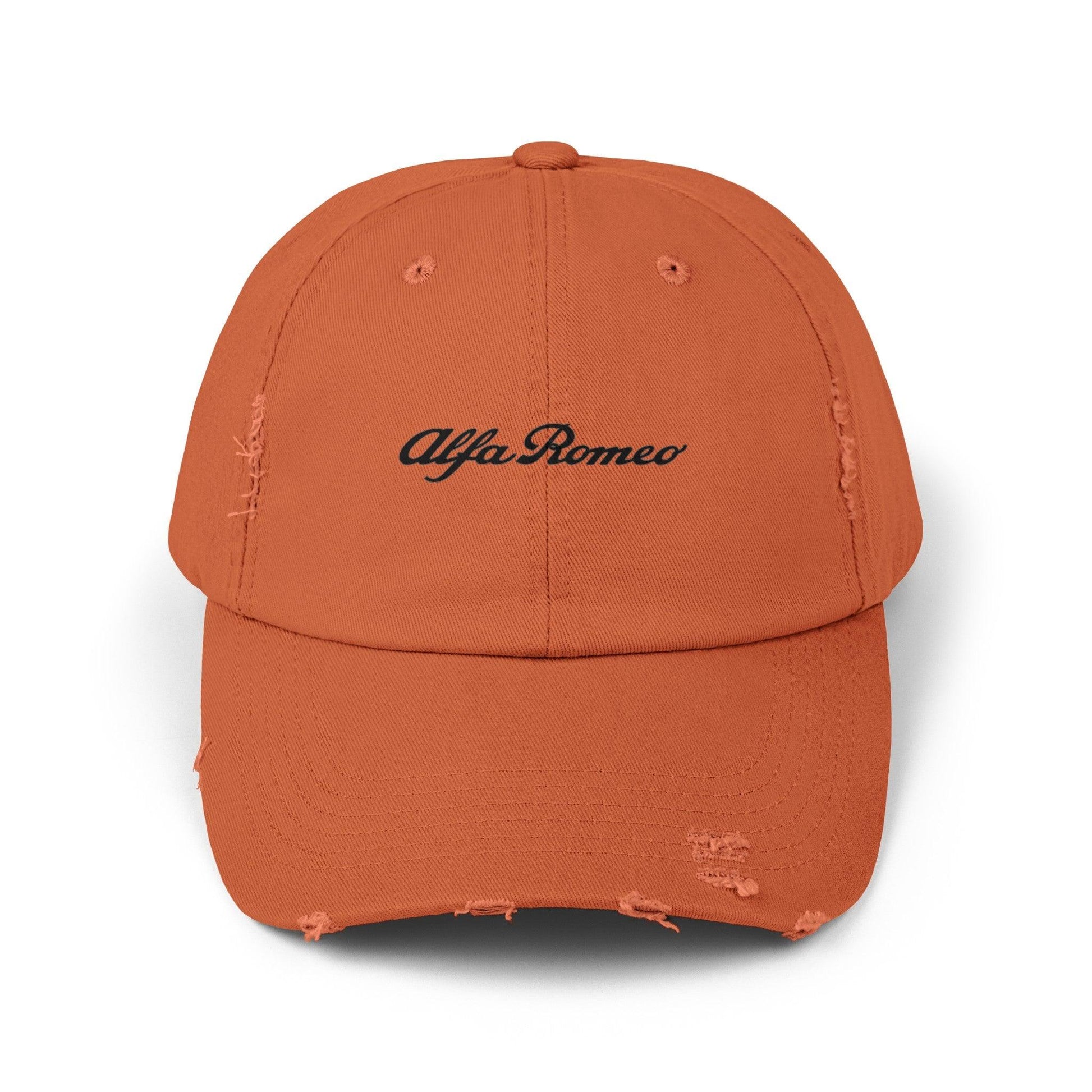 Alfa Romeo Script Logo Distressed Hat - Unisex 100% Cotton Twill - Adjustable Fit Cap - Stylish and Durable - Perfect for Car Enthusiasts - AI Print Spot