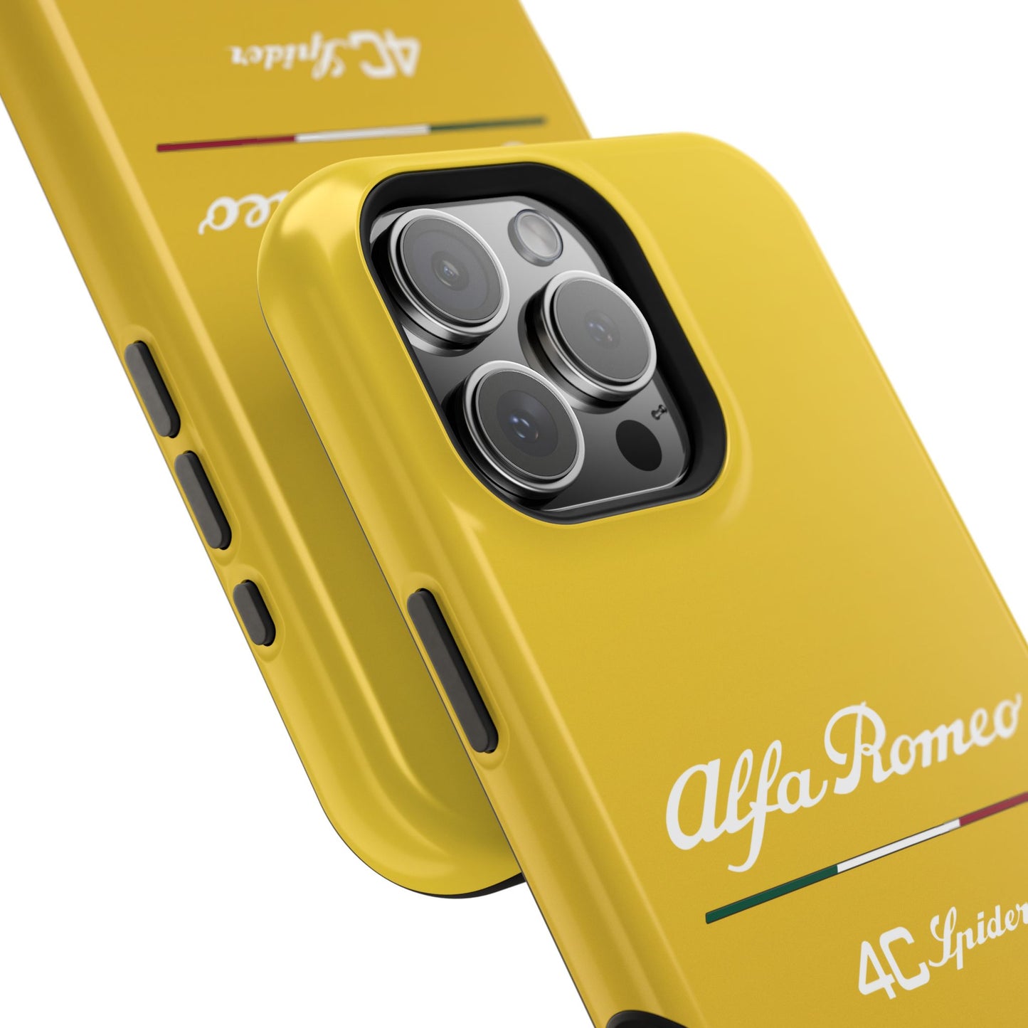 MagSafe® Dual Layer iPhone Case - Alfa Romeo 4C Spider Design in White on Giallo Prototipo