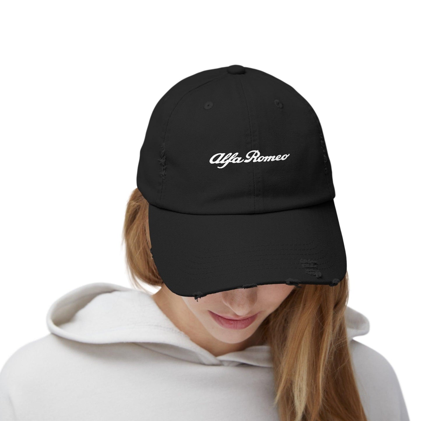 Alfa Romeo Script Logo Distressed Hat - Unisex 100% Cotton Twill - Adjustable Fit Cap - Stylish and Durable - Perfect for Car Enthusiasts - AI Print Spot