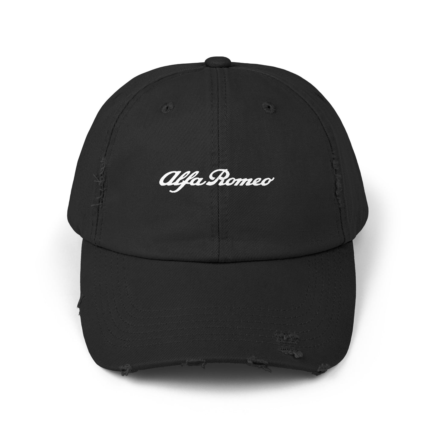 Alfa Romeo Script Logo Distressed Cap - Unisex 100% Cotton Twill - Adjustable Fit - Stylish and Durable - Perfect for Car Enthusiasts