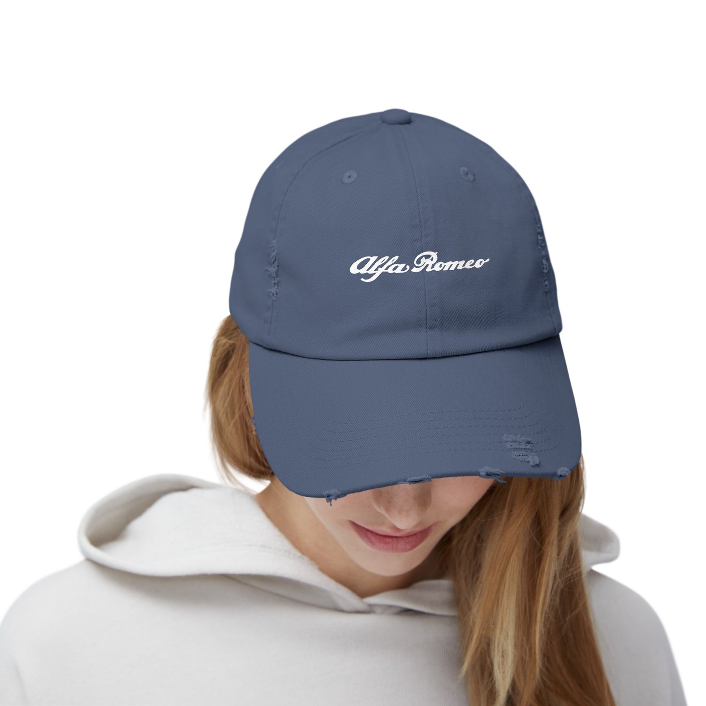 Alfa Romeo Script Logo Distressed Cap - Unisex 100% Cotton Twill - Adjustable Fit - Stylish and Durable - Perfect for Car Enthusiasts