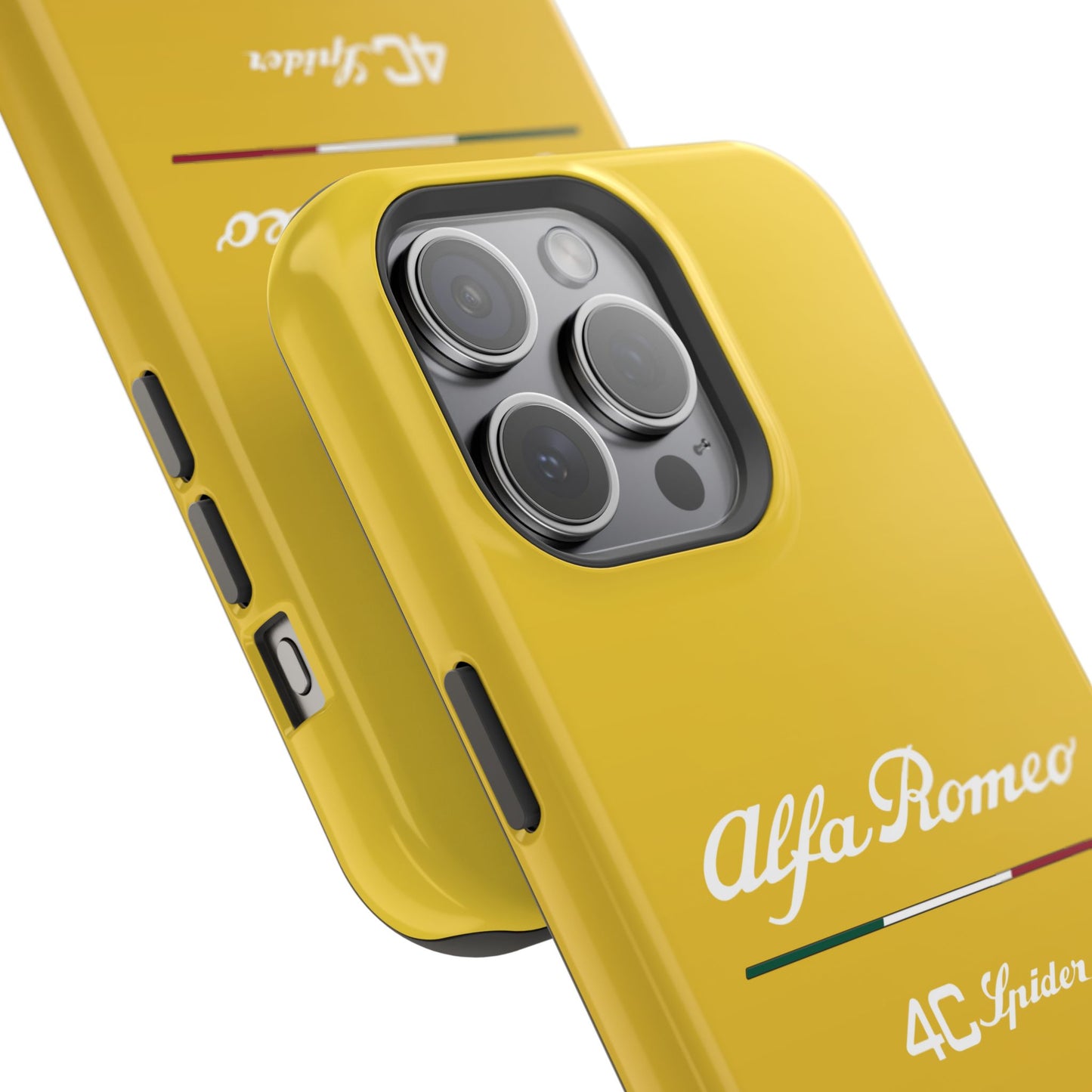 MagSafe® Dual Layer iPhone Case - Alfa Romeo 4C Spider Design in White on Giallo Prototipo