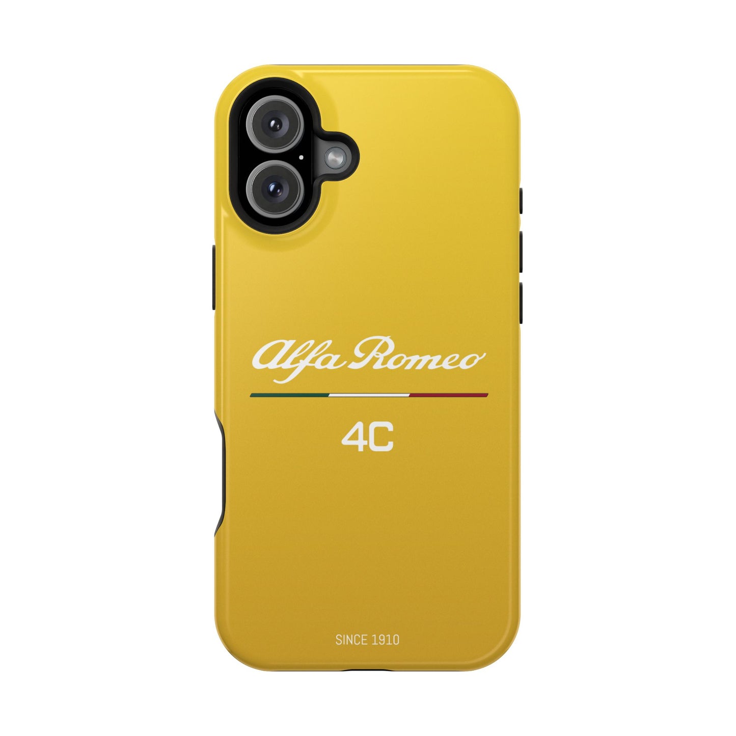 MagSafe® Dual Layer iPhone Case - Alfa Romeo 4C Design in White on Giallo Prototipo