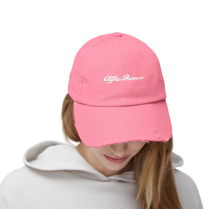 Alfa Romeo Script Logo Distressed Hat - Unisex 100% Cotton Twill - Adjustable Fit Cap - Stylish and Durable - Perfect for Car Enthusiasts - AI Print Spot