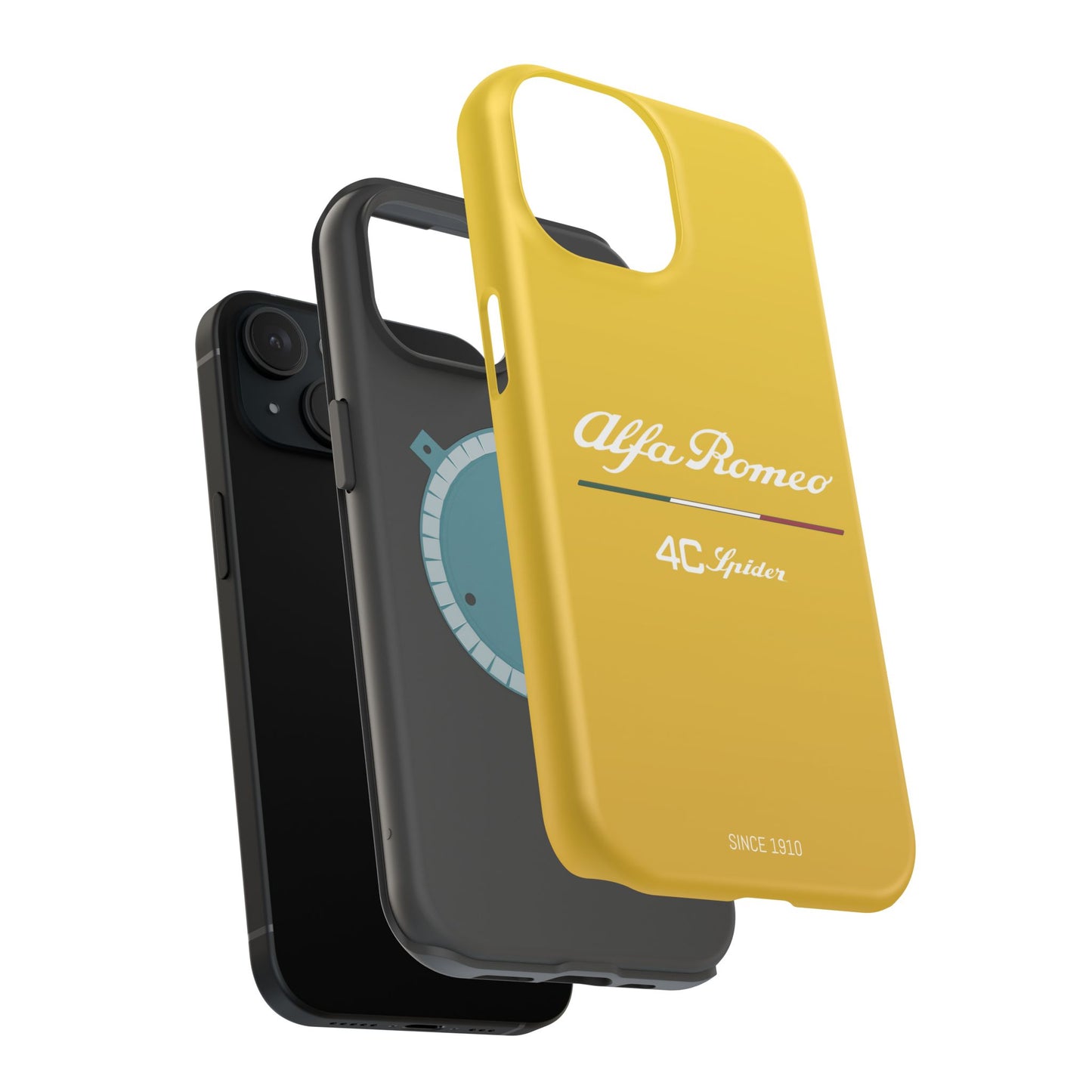 MagSafe® Dual Layer iPhone Case - Alfa Romeo 4C Spider Design in White on Giallo Prototipo