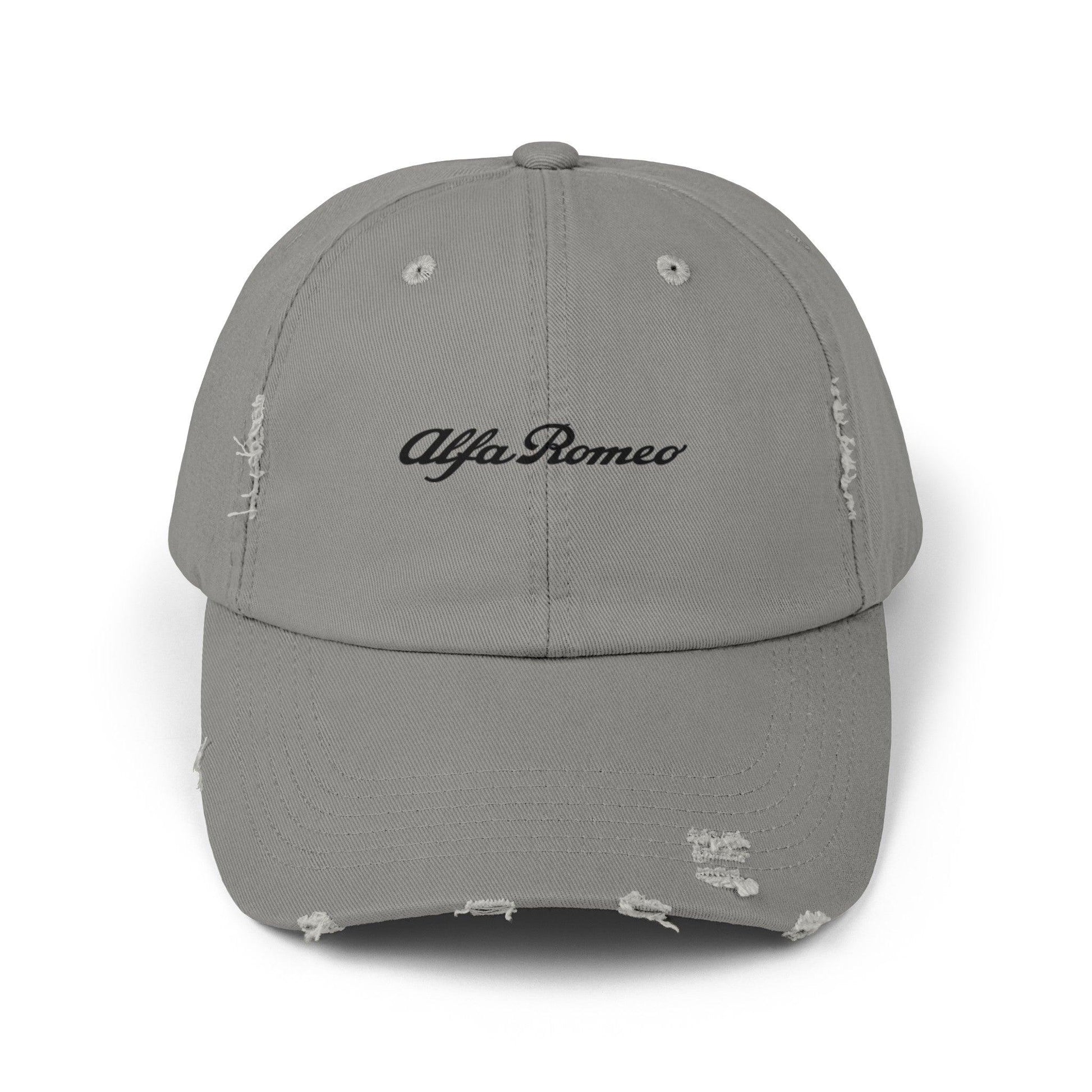 Alfa Romeo Script Logo Distressed Hat - Unisex 100% Cotton Twill - Adjustable Fit Cap - Stylish and Durable - Perfect for Car Enthusiasts - AI Print Spot