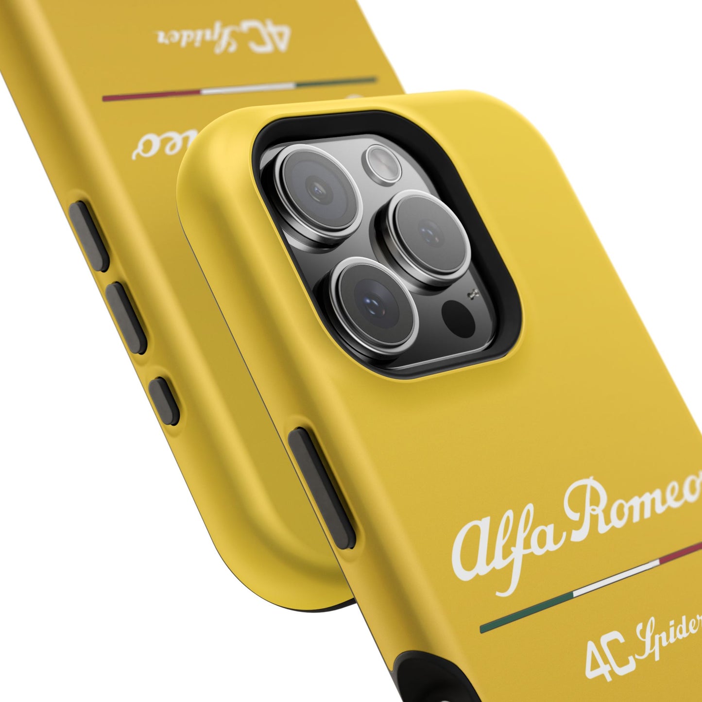 MagSafe® Dual Layer iPhone Case - Alfa Romeo 4C Spider Design in White on Giallo Prototipo