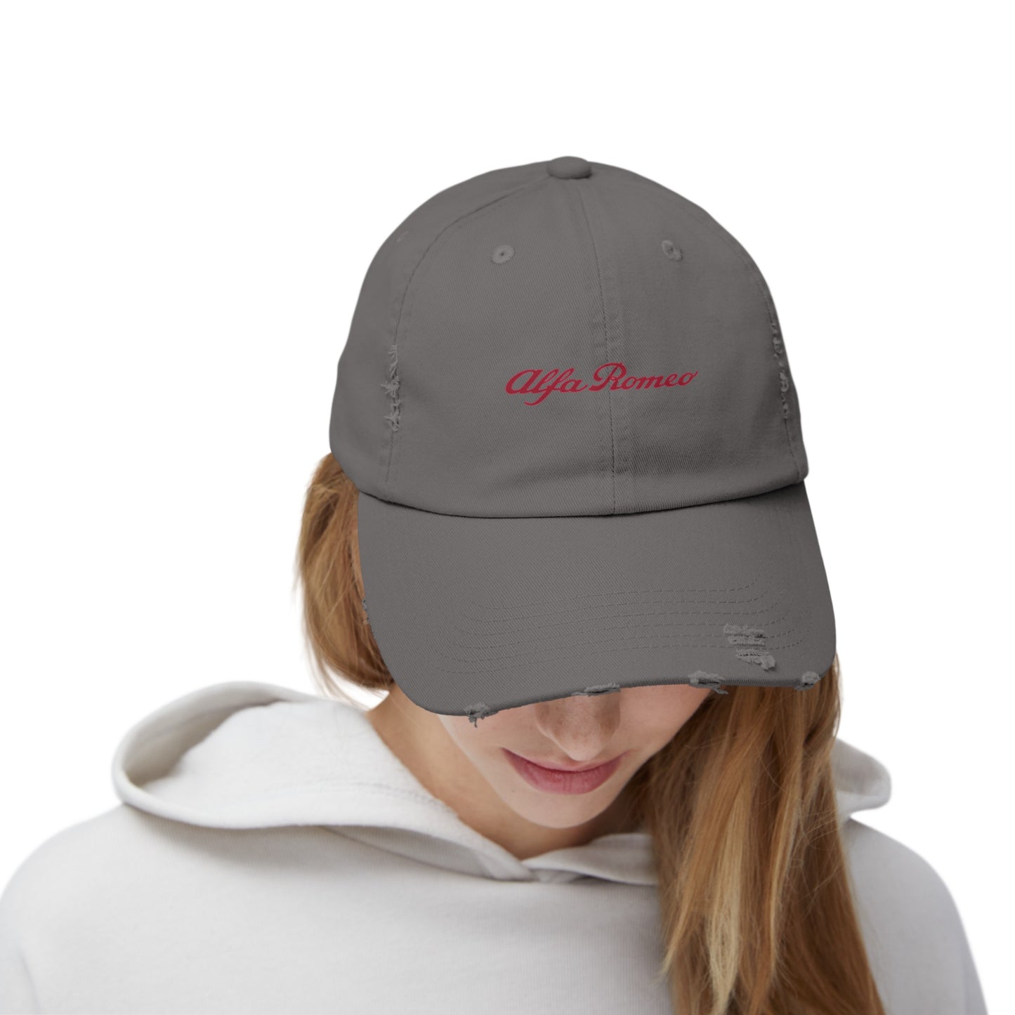 Alfa Romeo Script Logo Distressed Cap - Unisex 100% Cotton Twill - Adjustable Fit - Stylish and Durable - Perfect for Car Enthusiasts