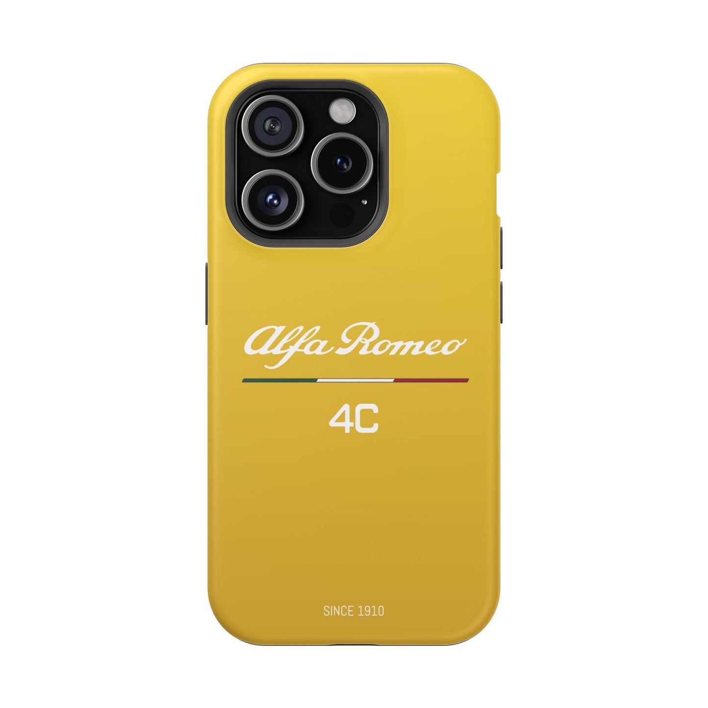 MagSafe® Dual Layer iPhone Case - Alfa Romeo 4C Design in White on Giallo Prototipo