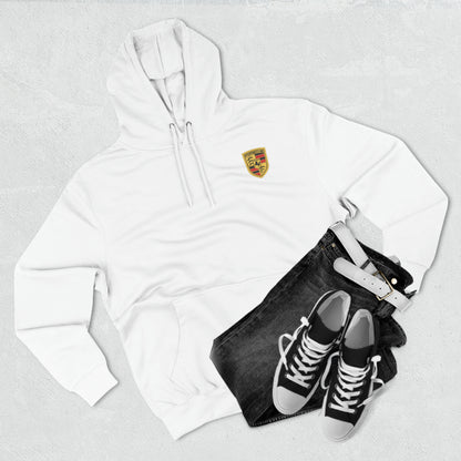 Vollfarbiger Porsche-Hoodie mit Wappen vorne von Lane Seven – ikonisches Logo auf der Rückseite, Baumwoll-Poly-Fleece, echte Passform – luxuriöser Komfort