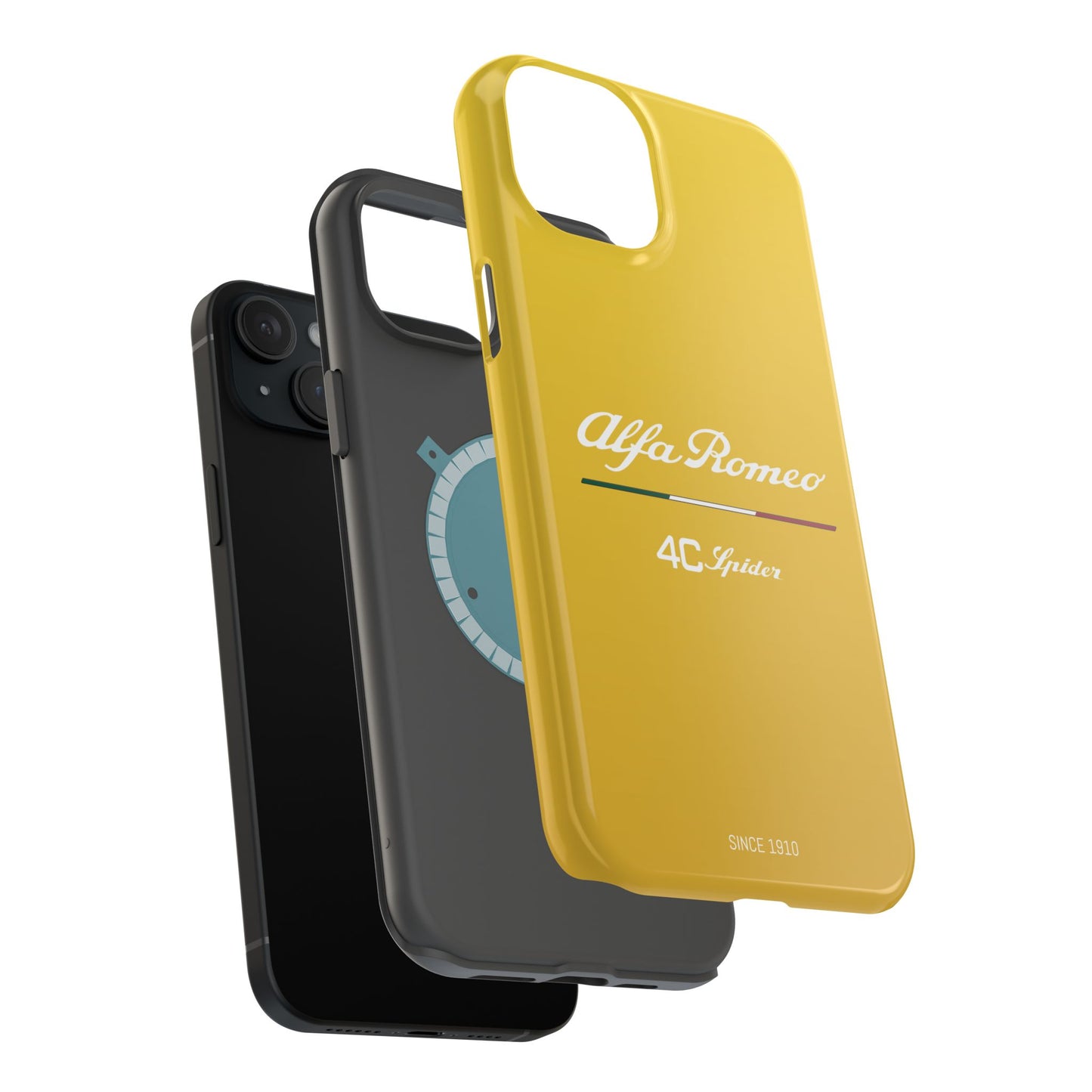 MagSafe® Dual Layer iPhone Case - Alfa Romeo 4C Spider Design in White on Giallo Prototipo