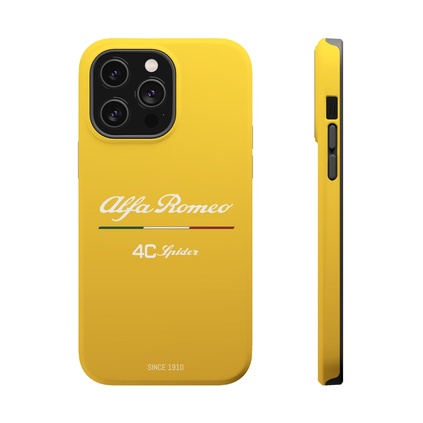 MagSafe® Dual Layer iPhone Case - Alfa Romeo 4C Spider Design in White on Giallo Prototipo