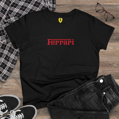Halb tailliertes Damen-T-Shirt mit Ferrari-Logo – klassischer Stil – 100 % Baumwolle – vorgeschrumpft