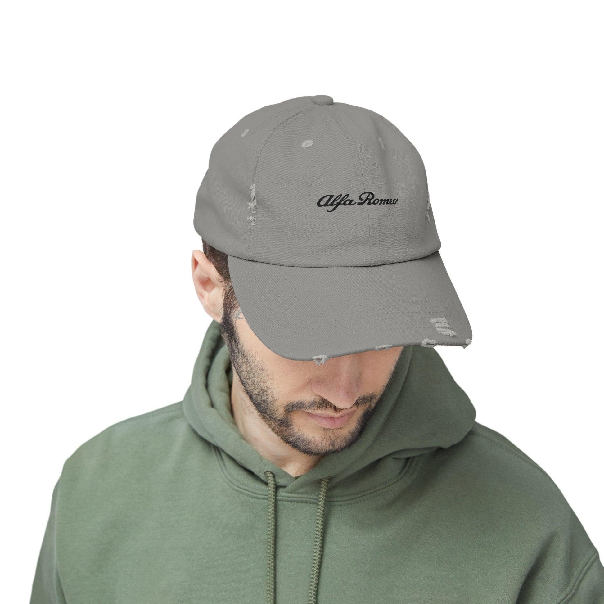 Alfa Romeo Script Logo Distressed Hat - Unisex 100% Cotton Twill - Adjustable Fit Cap - Stylish and Durable - Perfect for Car Enthusiasts - AI Print Spot