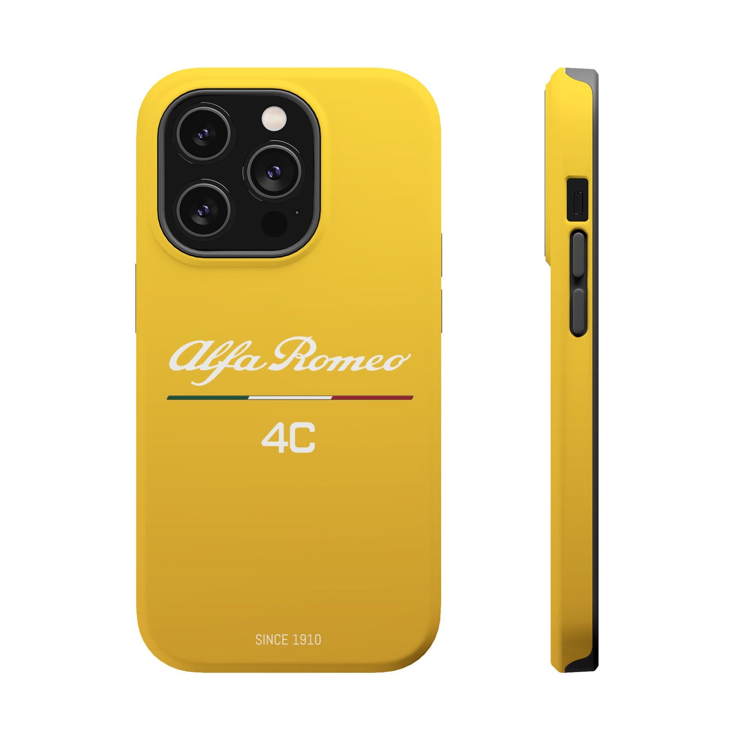 MagSafe® Dual Layer iPhone Case - Alfa Romeo 4C Design in White on Giallo Prototipo