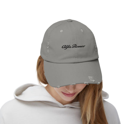 Alfa Romeo Script Logo Distressed Hat - Unisex 100% Cotton Twill - Adjustable Fit Cap - Stylish and Durable - Perfect for Car Enthusiasts - AI Print Spot