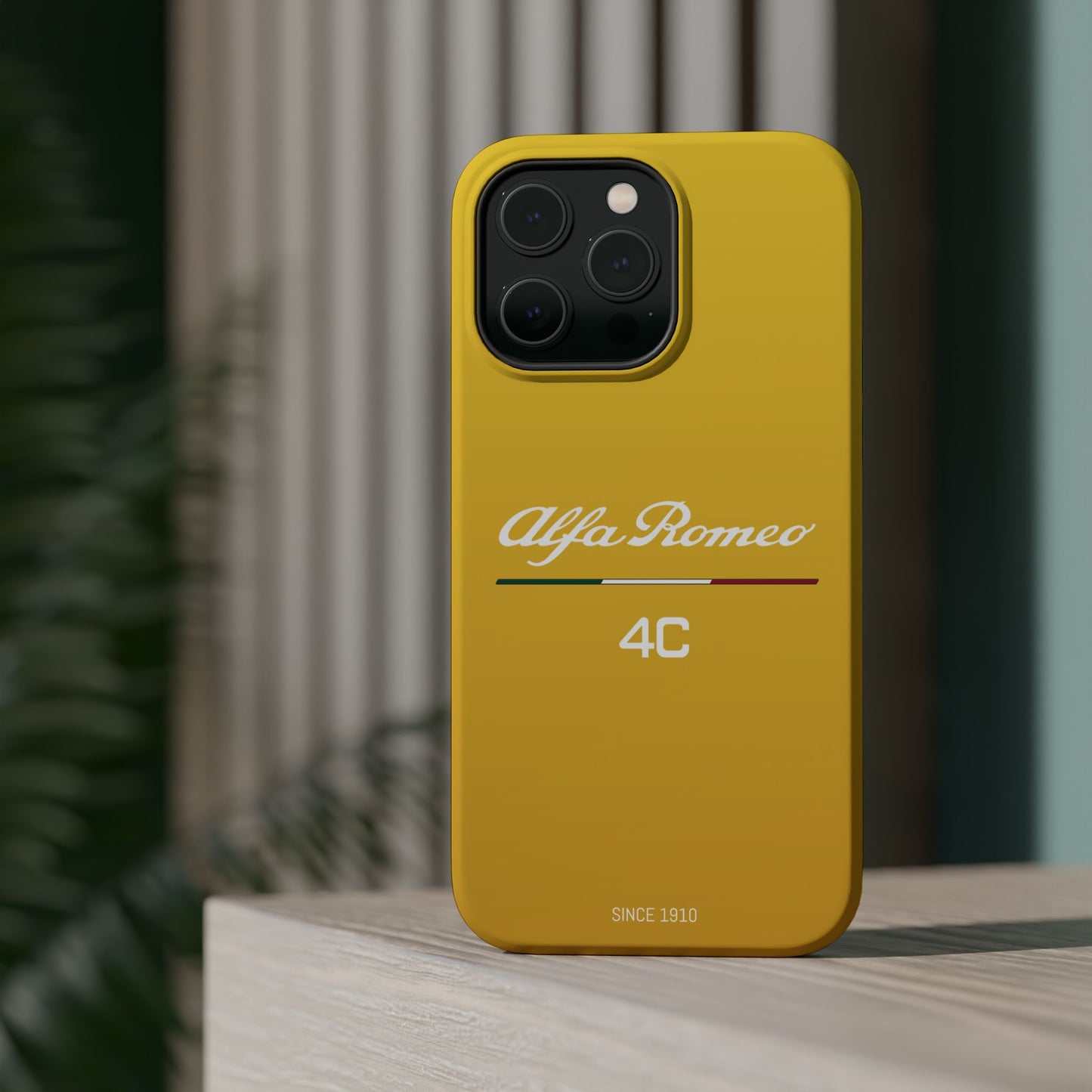 MagSafe® Dual Layer iPhone Case - Alfa Romeo 4C Design in White on Giallo Prototipo