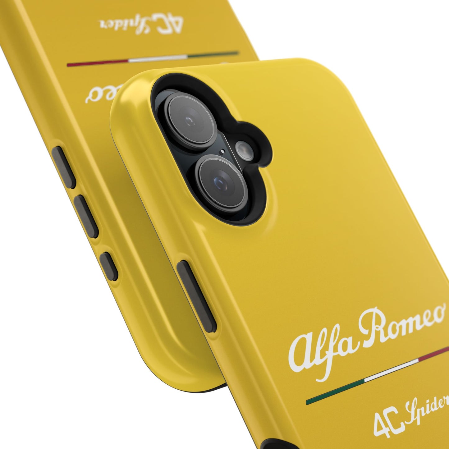 MagSafe® Dual Layer iPhone Case - Alfa Romeo 4C Spider Design in White on Giallo Prototipo