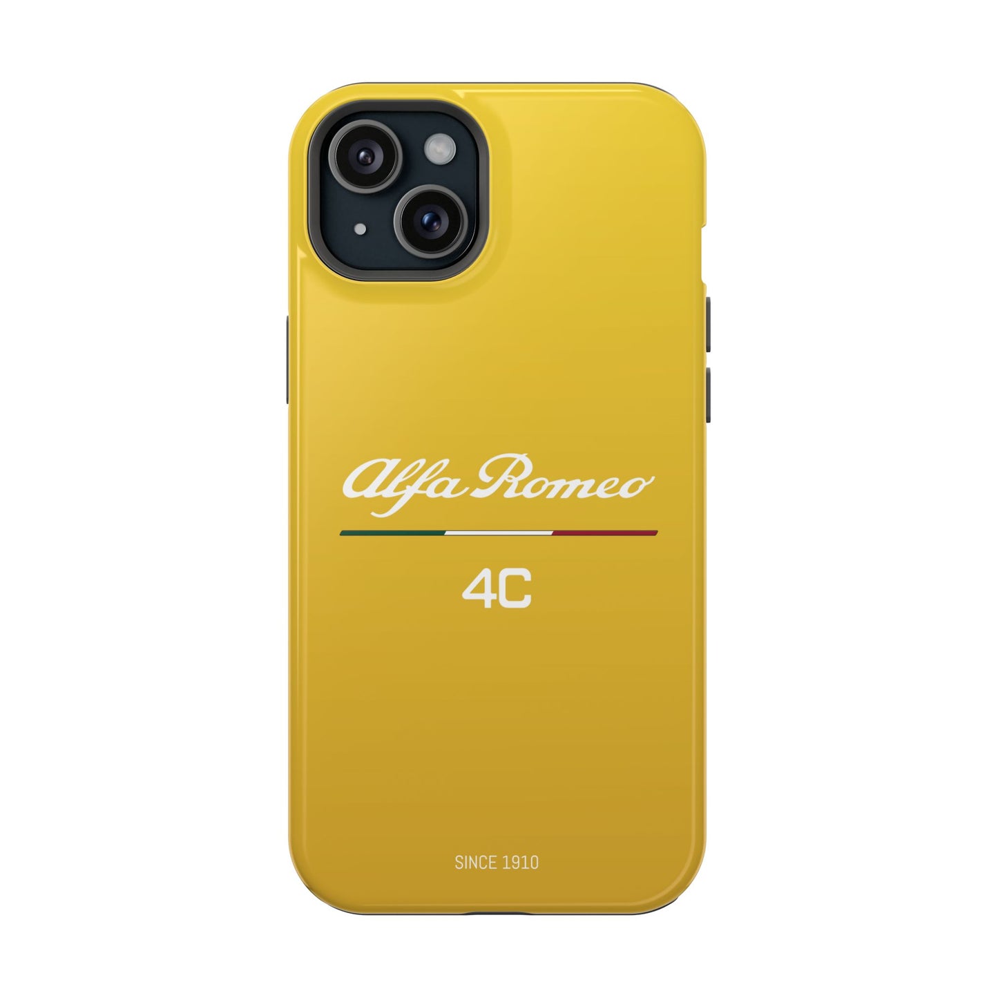 MagSafe® Dual Layer iPhone Case - Alfa Romeo 4C Design in White on Giallo Prototipo