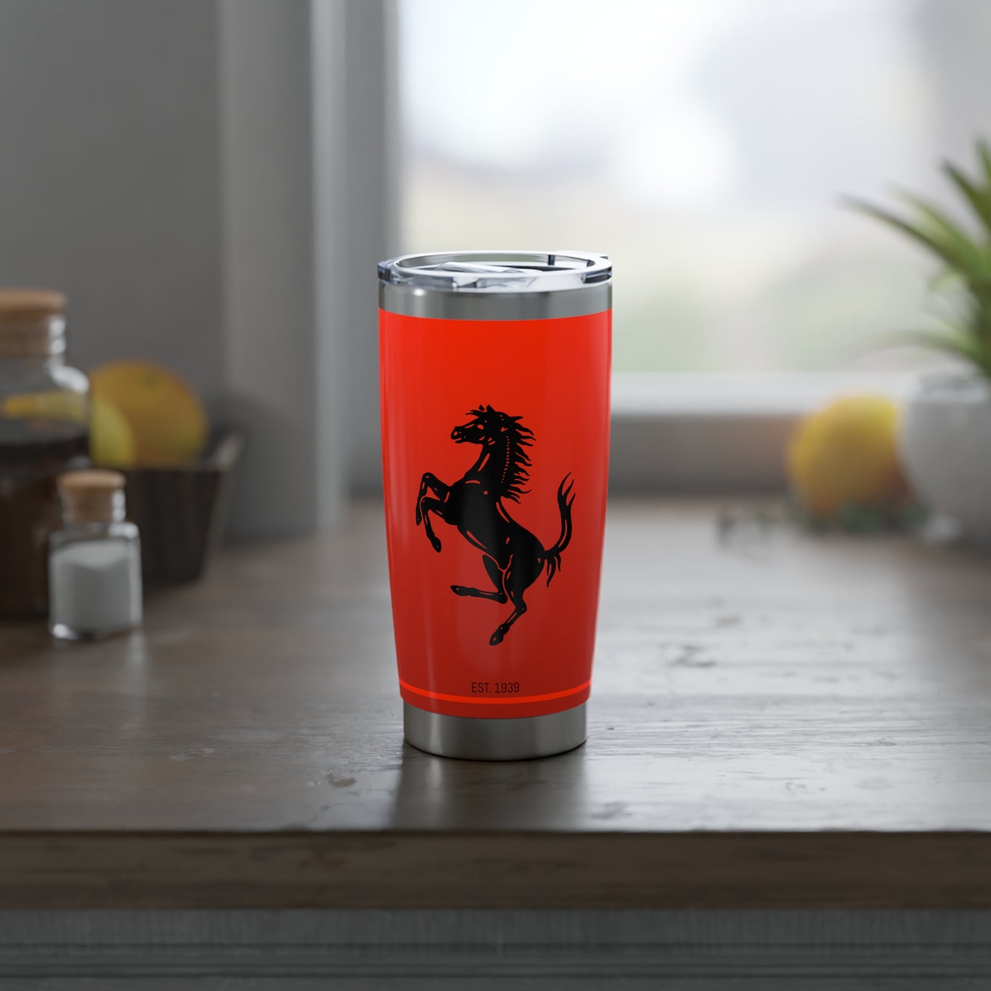 Ferrari Red 20oz Double Wall Insulated Stainless Steel Tumbler with Iconic Black Prancing Horse and Ferrari Script