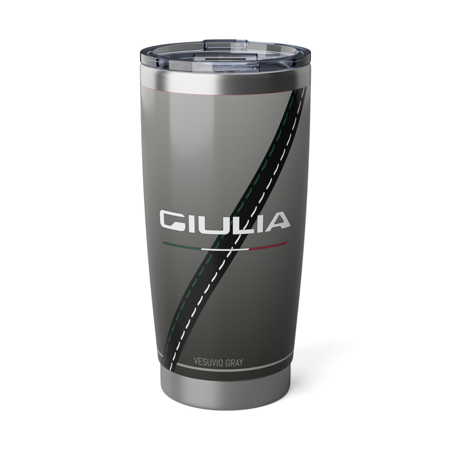 20oz Insulated Alfa Romeo Tumbler - Vesuvio Gray with Giulia and Biscione Snake & Cross Design -- Classic Alfa Romeo Script on Mug - AI Print Spot