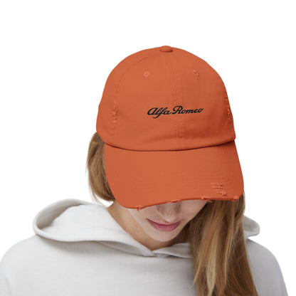 Alfa Romeo Script Logo Distressed Hat - Unisex 100% Cotton Twill - Adjustable Fit Cap - Stylish and Durable - Perfect for Car Enthusiasts - AI Print Spot