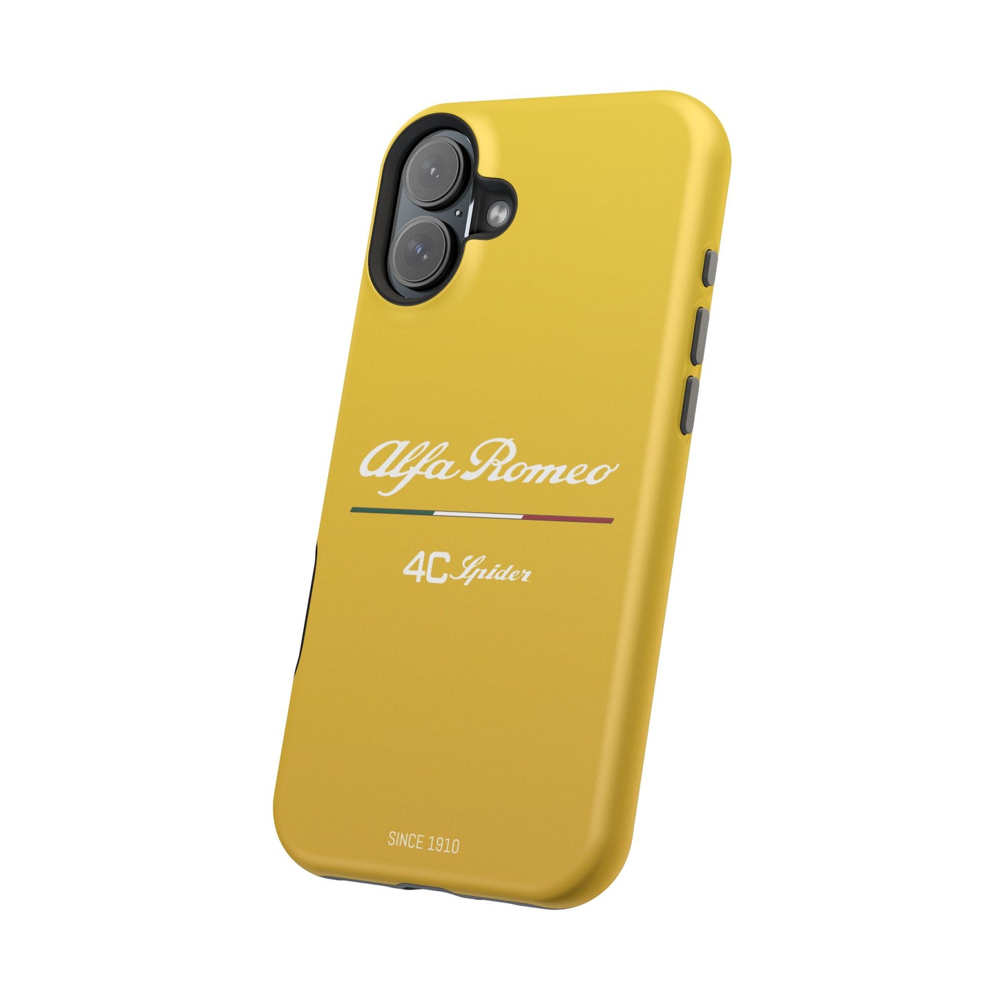 MagSafe® Dual Layer iPhone Case - Alfa Romeo 4C Spider Design in White on Giallo Prototipo