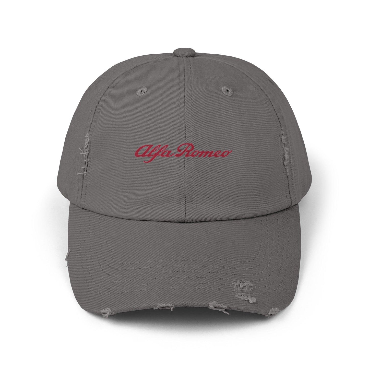 Alfa Romeo Script Logo Distressed Hat - Unisex 100% Cotton Twill - Adjustable Fit Cap - Stylish and Durable - Perfect for Car Enthusiasts - AI Print Spot