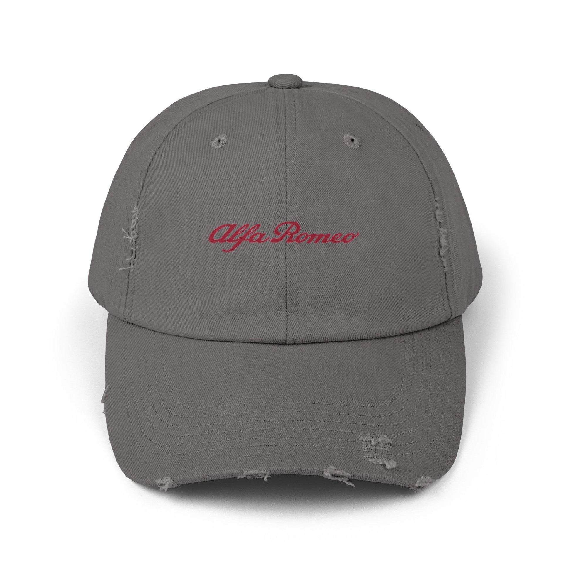 Alfa Romeo Script Logo Distressed Hat - Unisex 100% Cotton Twill - Adjustable Fit Cap - Stylish and Durable - Perfect for Car Enthusiasts - AI Print Spot