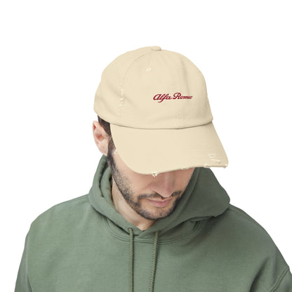 Alfa Romeo Script Logo Distressed Cap - Unisex 100% Cotton Twill - Adjustable Fit - Stylish and Durable - Perfect for Car Enthusiasts