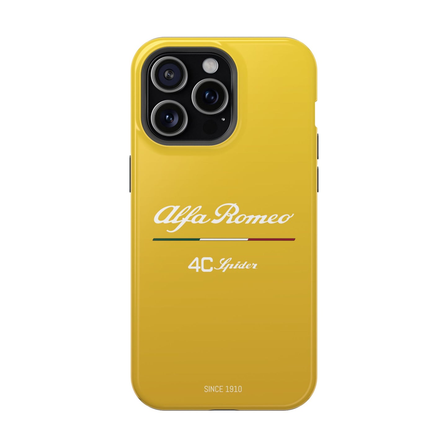 MagSafe® Dual Layer iPhone Case - Alfa Romeo 4C Spider Design in White on Giallo Prototipo