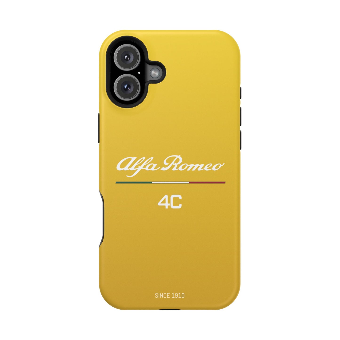 MagSafe® Dual Layer iPhone Case - Alfa Romeo 4C Design in White on Giallo Prototipo