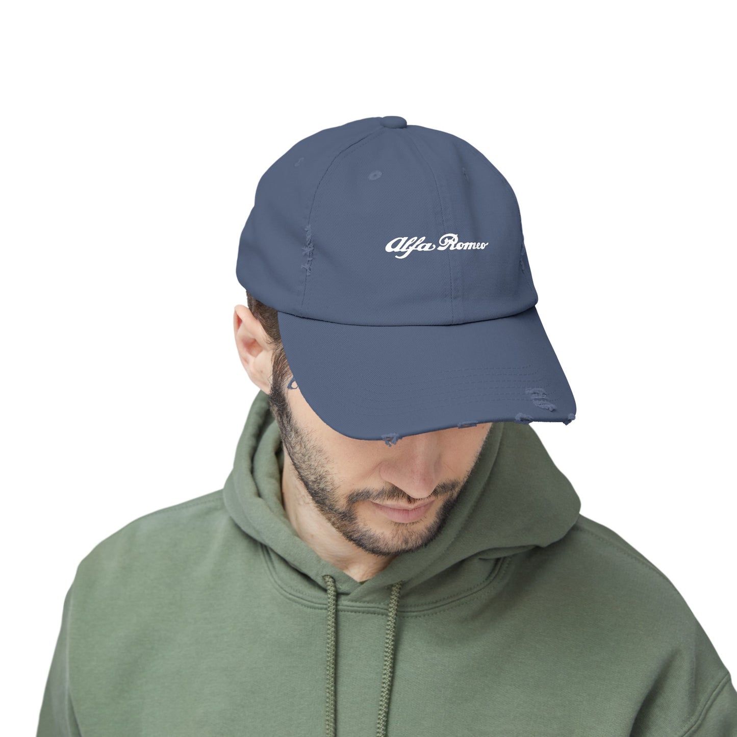 Alfa Romeo Script Logo Distressed Cap - Unisex 100% Cotton Twill - Adjustable Fit - Stylish and Durable - Perfect for Car Enthusiasts