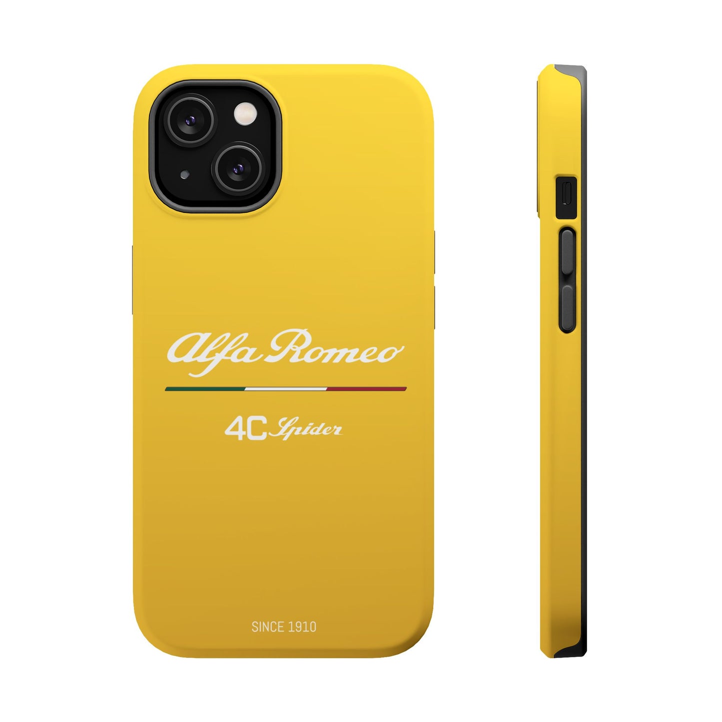 MagSafe® Dual Layer iPhone Case - Alfa Romeo 4C Spider Design in White on Giallo Prototipo