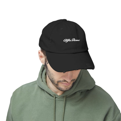 Alfa Romeo Script Logo Distressed Cap - Unisex 100% Cotton Twill - Adjustable Fit - Stylish and Durable - Perfect for Car Enthusiasts