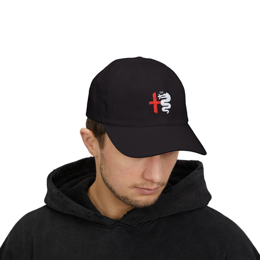 Classic Black Dad Cap Embroidered with Alfa Romeo Biscione Snake & Cross in Red & White