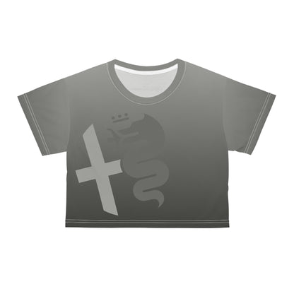 Alfa Romeo Crop Tee - Vesuvio Gray with Biscione Snake & Cross Design - Great for Going out or Pajama Top - Made in USA