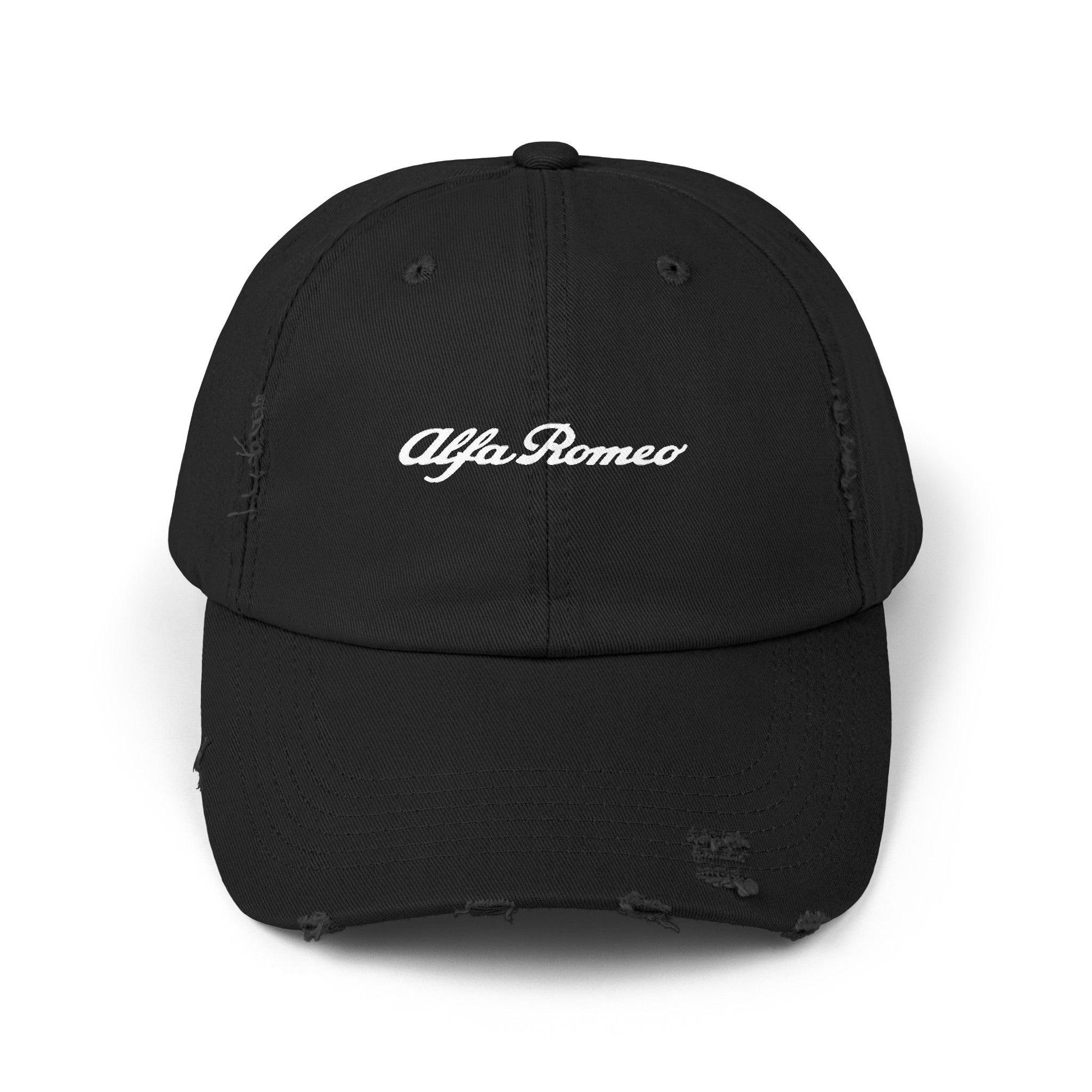 Alfa Romeo Script Logo Distressed Hat - Unisex 100% Cotton Twill - Adjustable Fit Cap - Stylish and Durable - Perfect for Car Enthusiasts - AI Print Spot