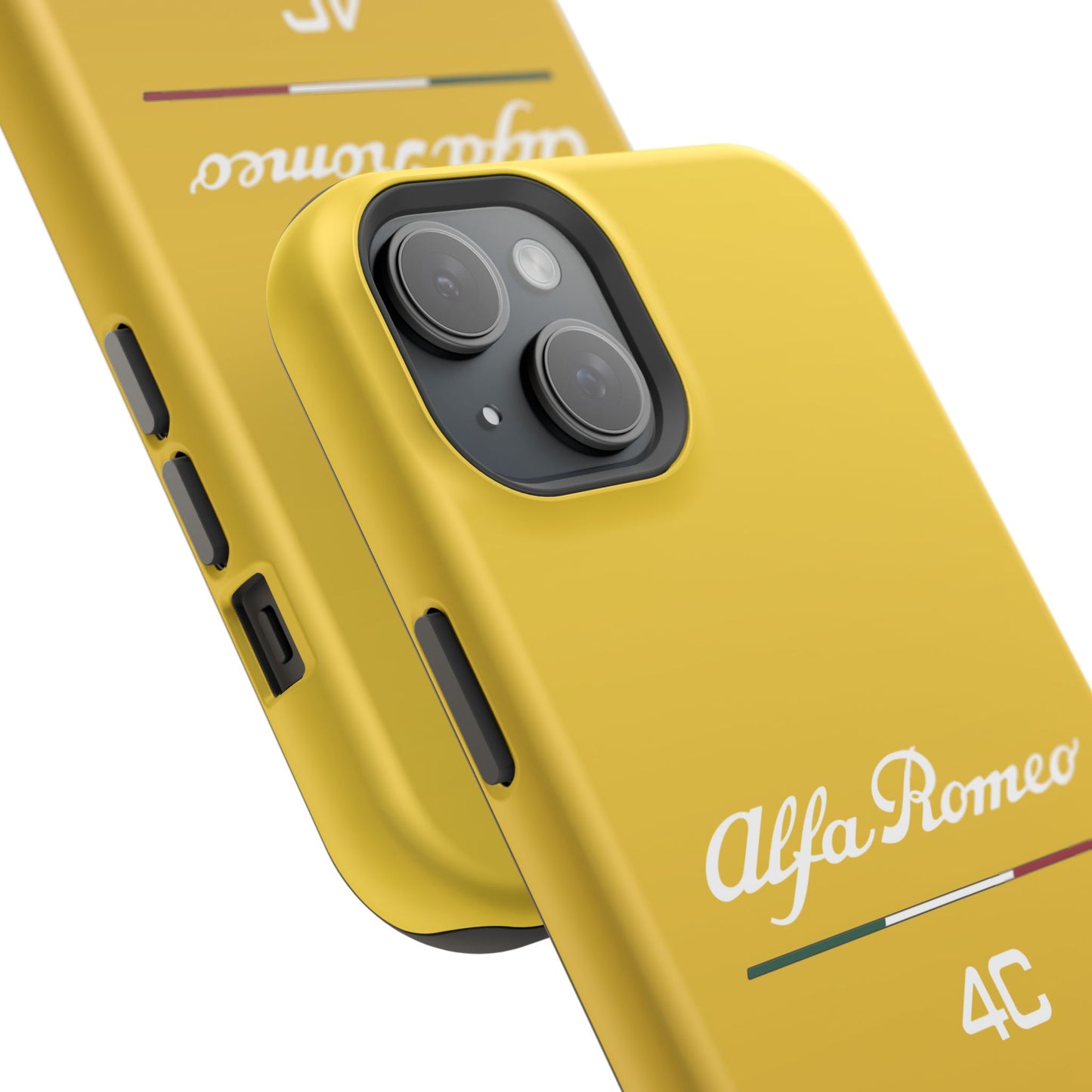 MagSafe® Dual Layer iPhone Case - Alfa Romeo 4C Design in White on Giallo Prototipo