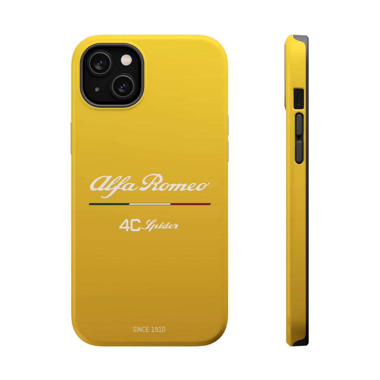 MagSafe® Dual Layer iPhone Case - Alfa Romeo 4C Spider Design in White on Giallo Prototipo