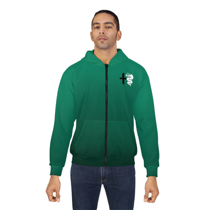 Alfa Romeo Montreal Verde Green Zip Hoodie - Biscione Snake & Cross Iconic Style - Made in the USA