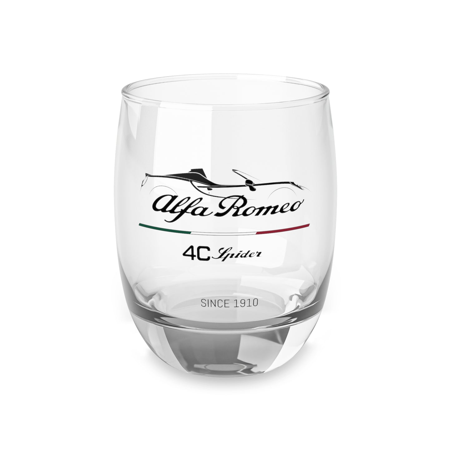 6oz Whiskey Glass with Alfa Romeo Script, 4C Spider Silhouette & Racing Italian Flag – Sleek Bar Essential - AI Print Spot